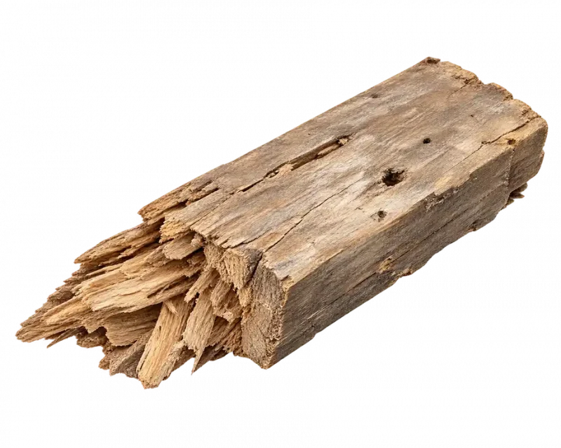 Wood beam with a splintered end and holes from dry rot decay