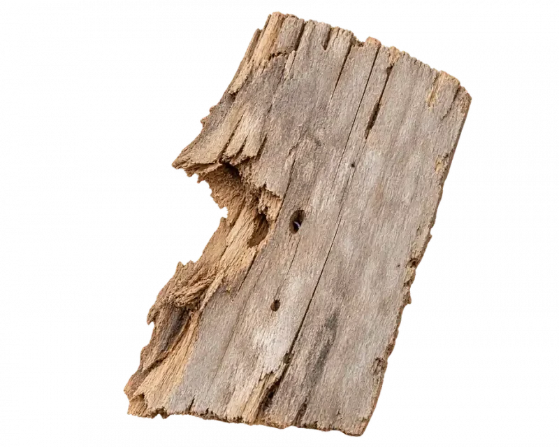 Flat wood board with a crumbled, decayed edge caused by dry rot