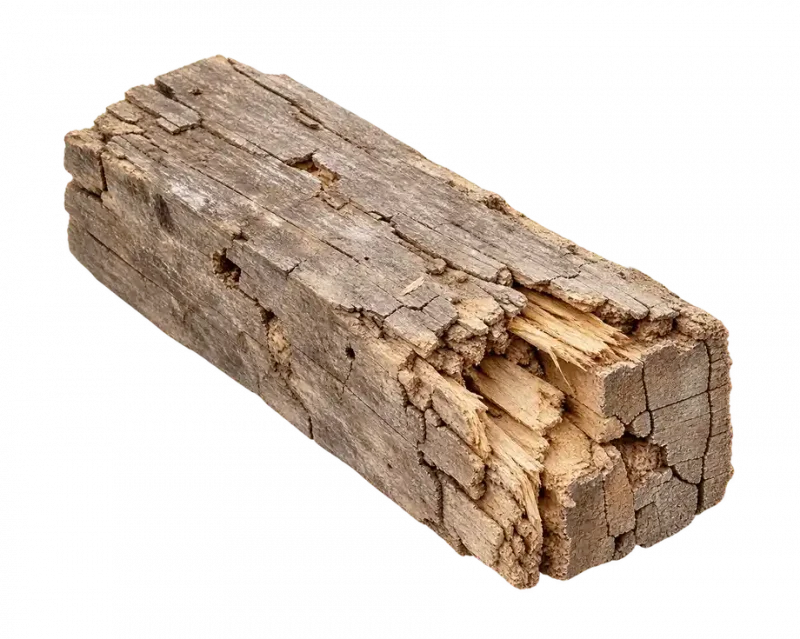 Thick wood beam with a cracked, rotted end damaged by dry rot